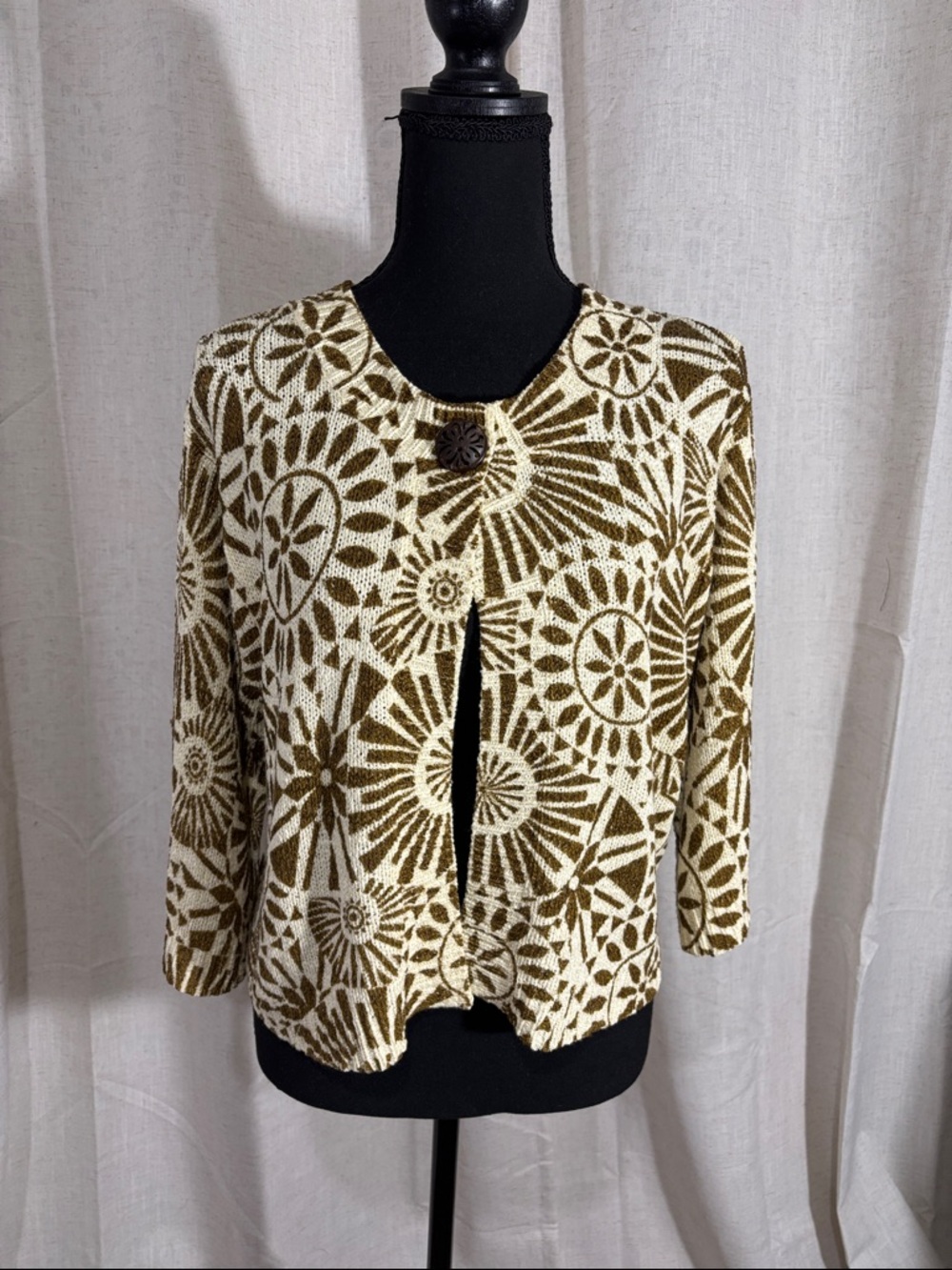 august silk Cream Knit Cardigan with Brown Floral Motif